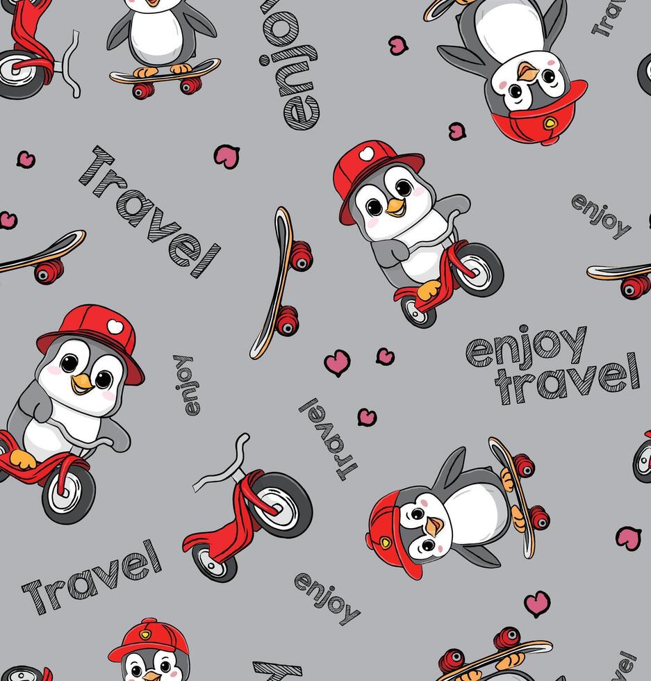Cartoon isolated pattern of penguins travelers on gray background vector