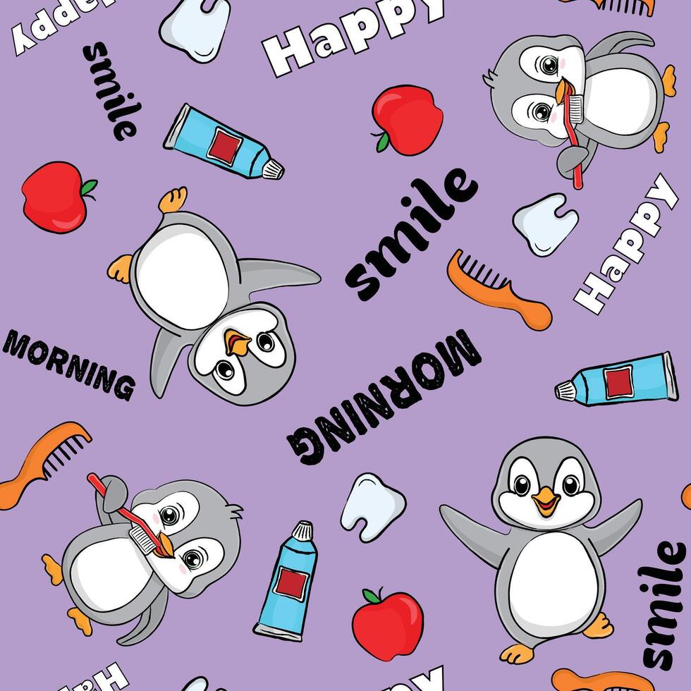 Cartoon isolated seamless pattern Penguins in the morning on purple background vector