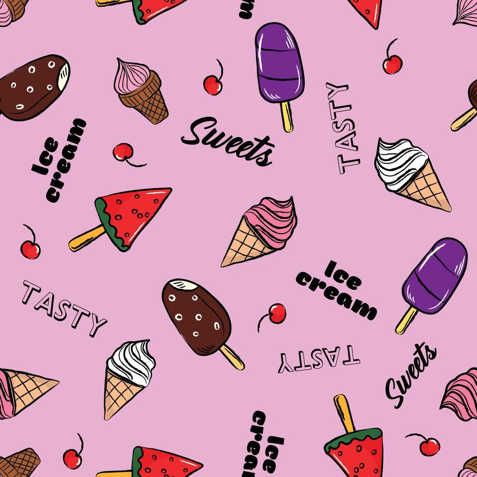 Cartoon seamless pattern ice cream on pink background vector
