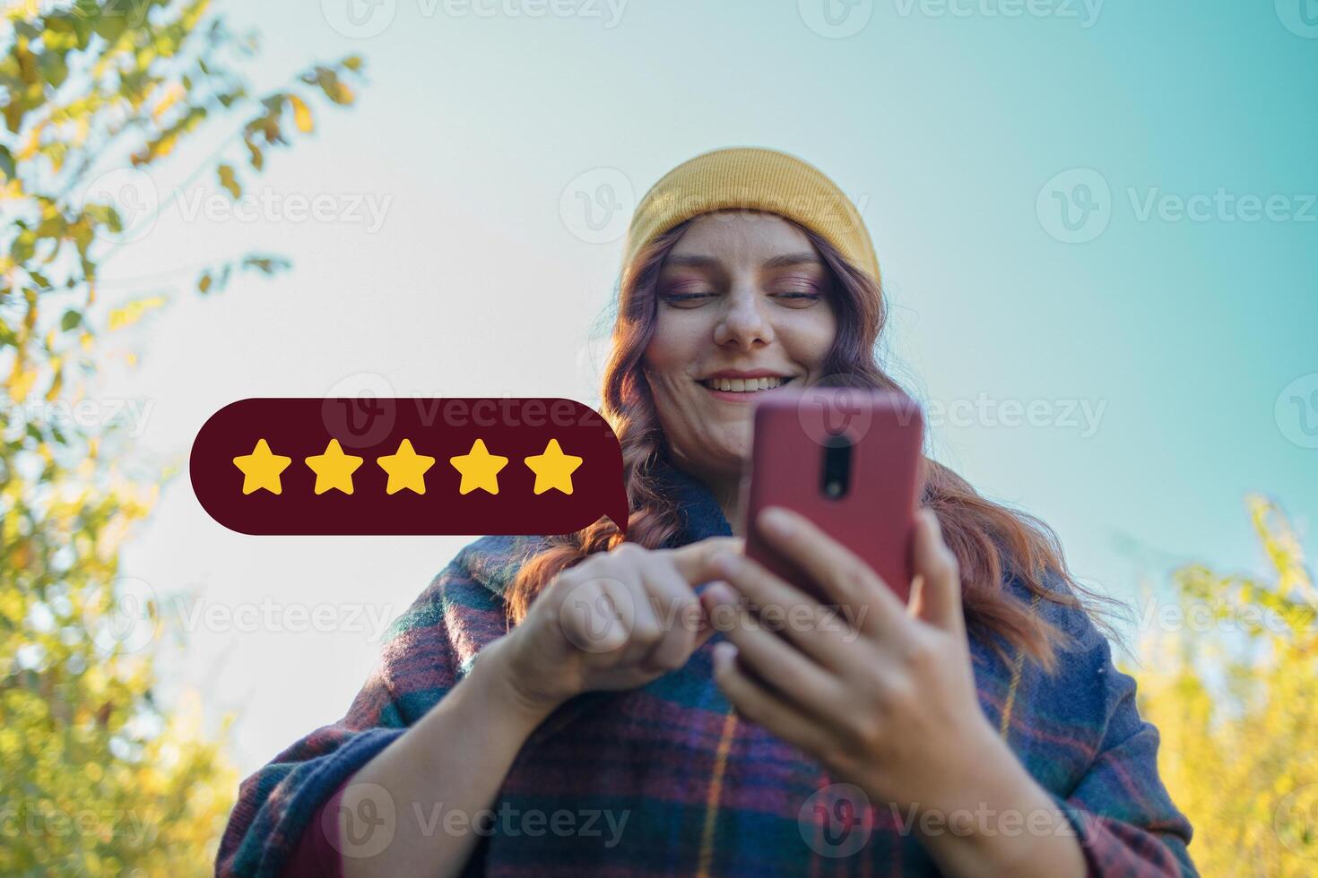 Customer Experience Concept. Excellent. Happy woman pressing face emoticon on virtual touch screen at smartphone .Customer service evaluation concept. photo