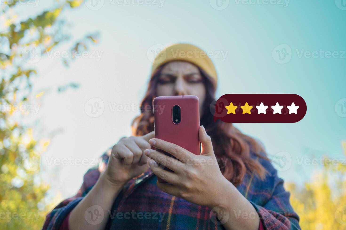 Customer Experience Concept. Excellent. Person using mobile phone with icon two star symbol to increase rating of company photo