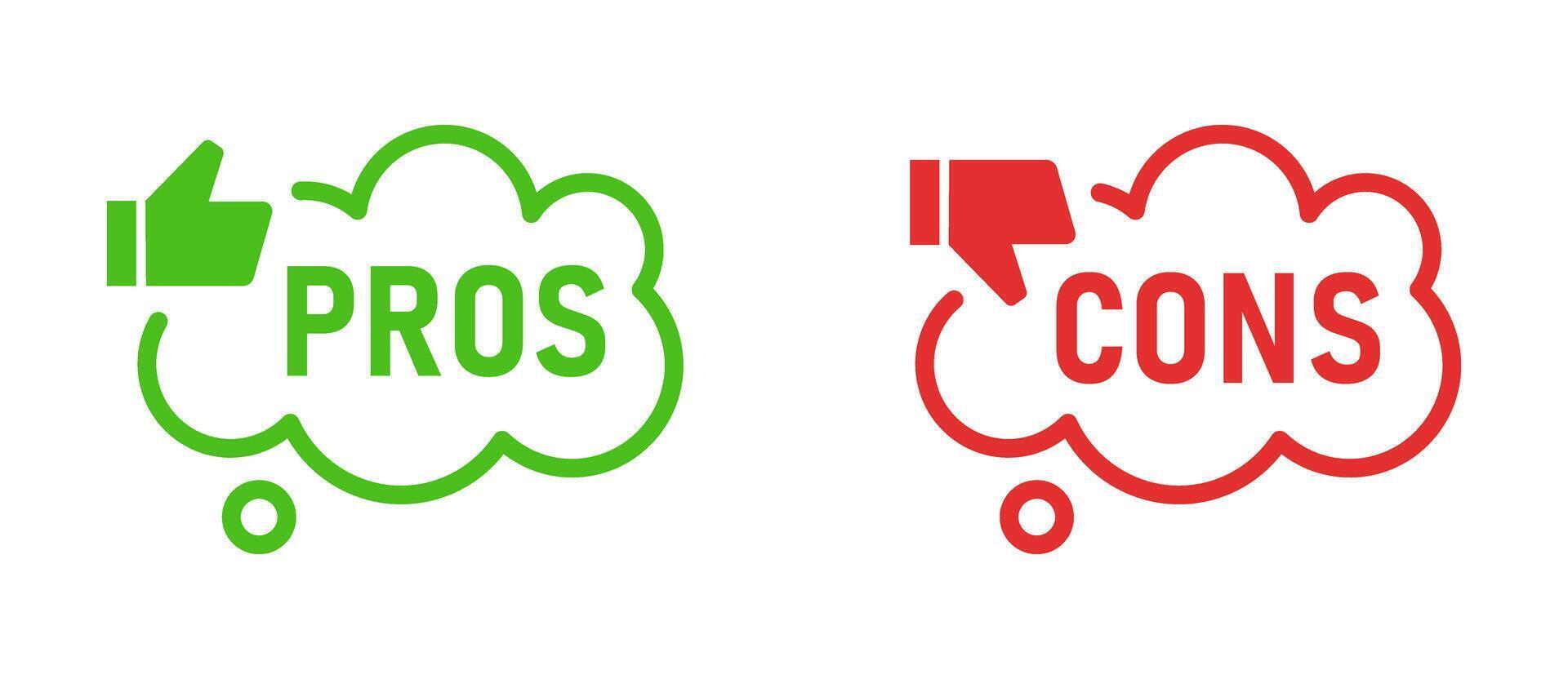 Pros cons in flat design. Green and red, check mark flat icons for advantages and disadvantages with thumbs up and down. vector