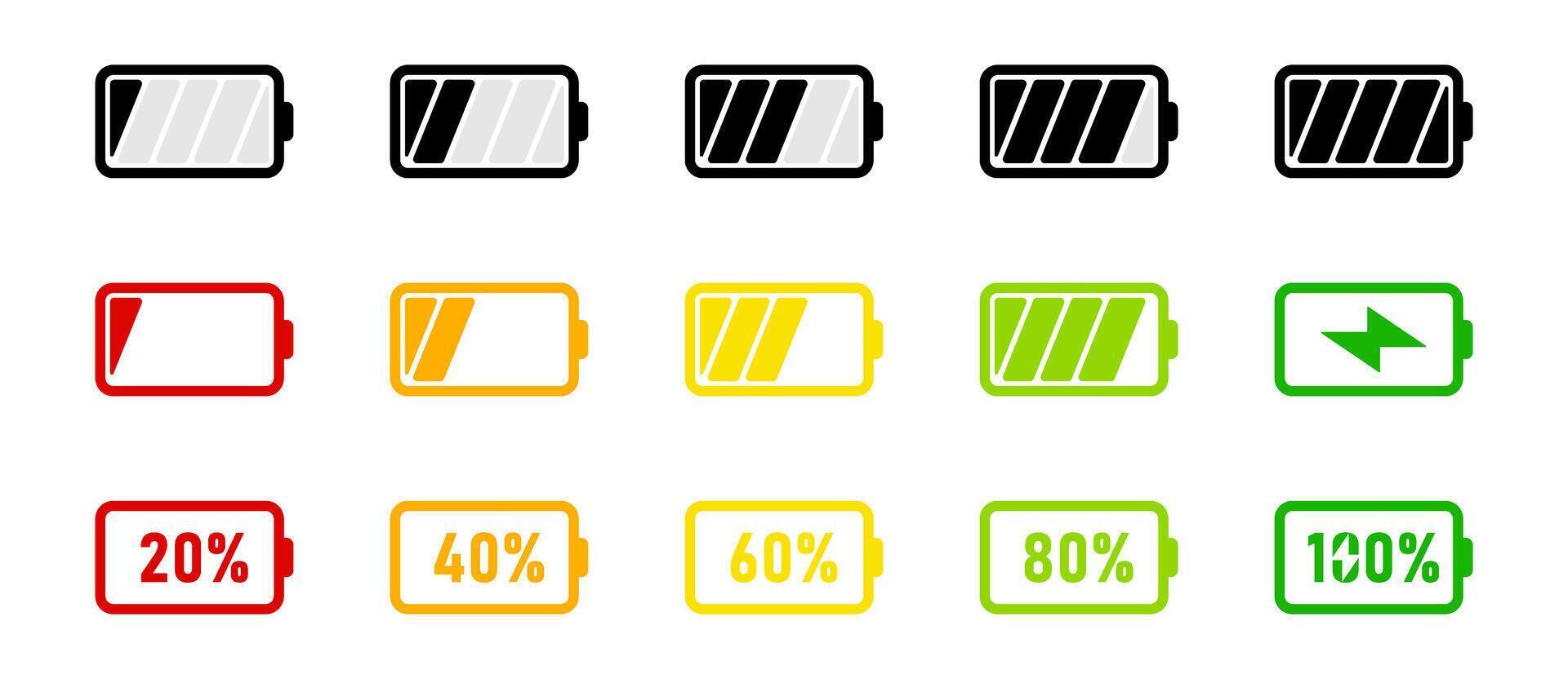 Battery charge flat icon collection. Battery charging, charge indicator, battery status, power charging, electricity energy percentage, low battery, full battery illustration. vector