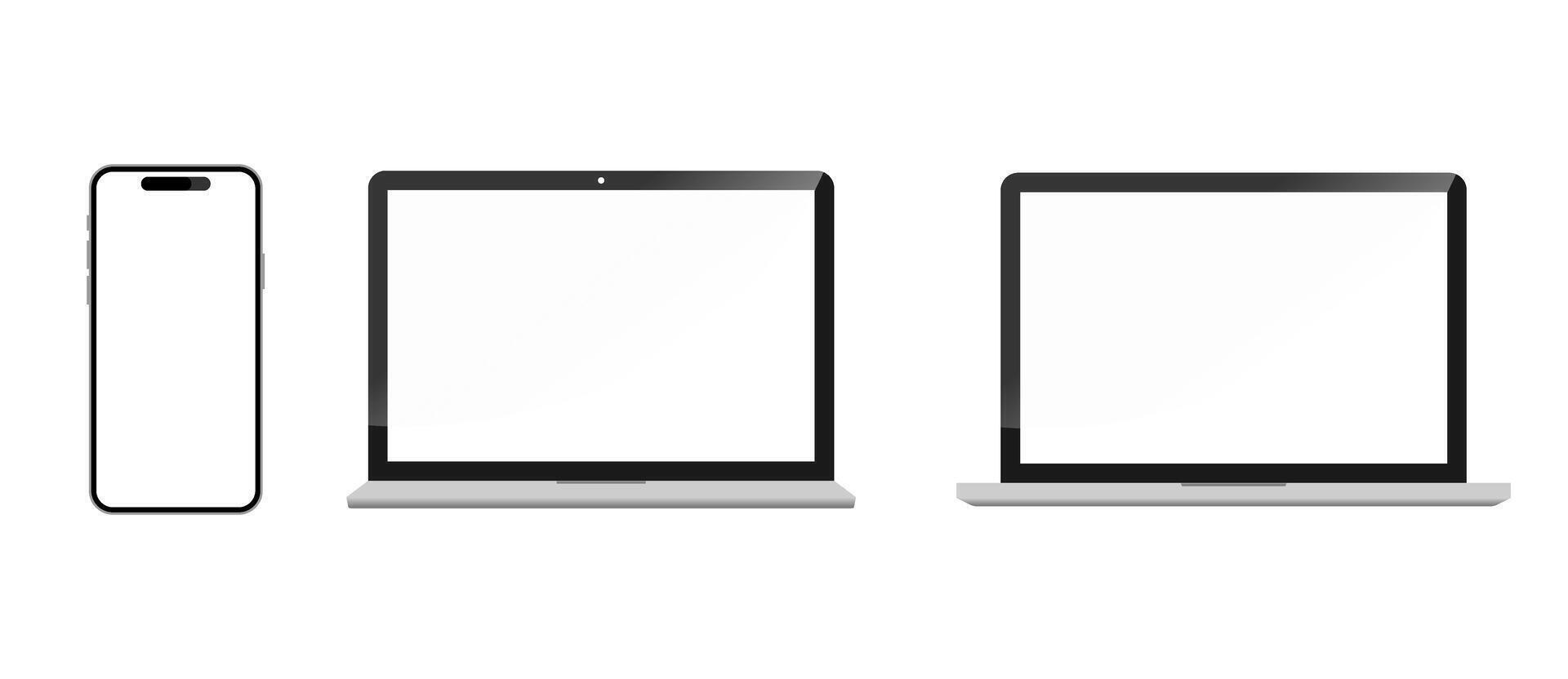 Smartphone and Laptop computer device with blank screen. Mobile phone and laptop mockup for ui ux app with empty display and white background. vector