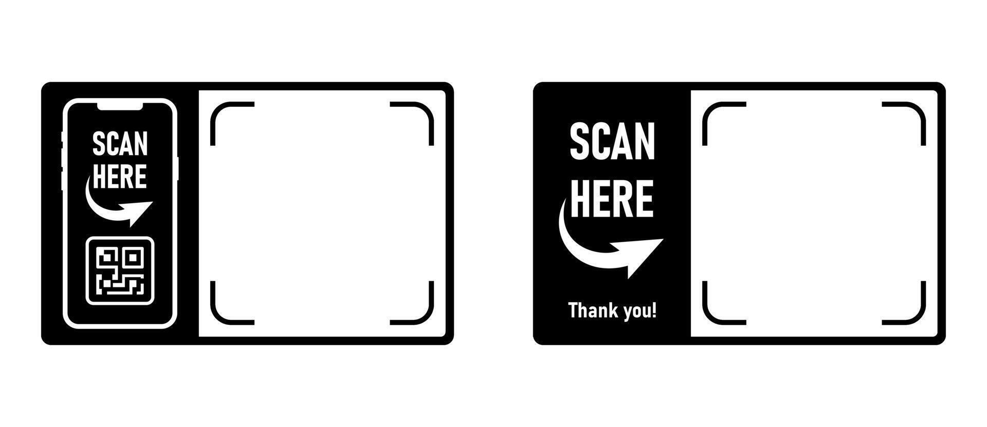 QR code scan here black frame. Qr code, barcode, scan me, printable scan here sticker template. vector