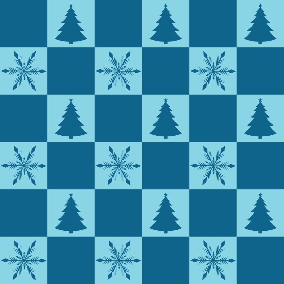 Seamless pattern with Christmas trees and snowflakes. Endless checkered Christmas pattern in blue colors. Repeating checkered pattern with Christmas elements. Pattern for wrapping paper, textiles vector