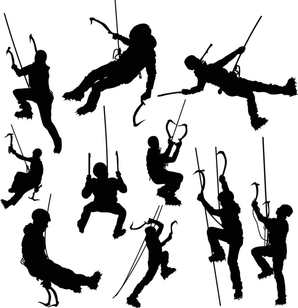Set silhouette of ice climbing. Mountaineering, extreme sport concept. Isolated background. vector