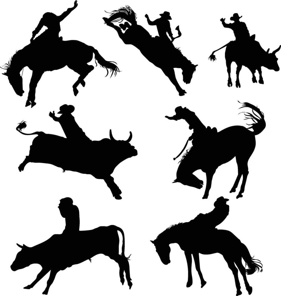 Set of Rodeo actions silhouettes isolated on white backgrorund vector