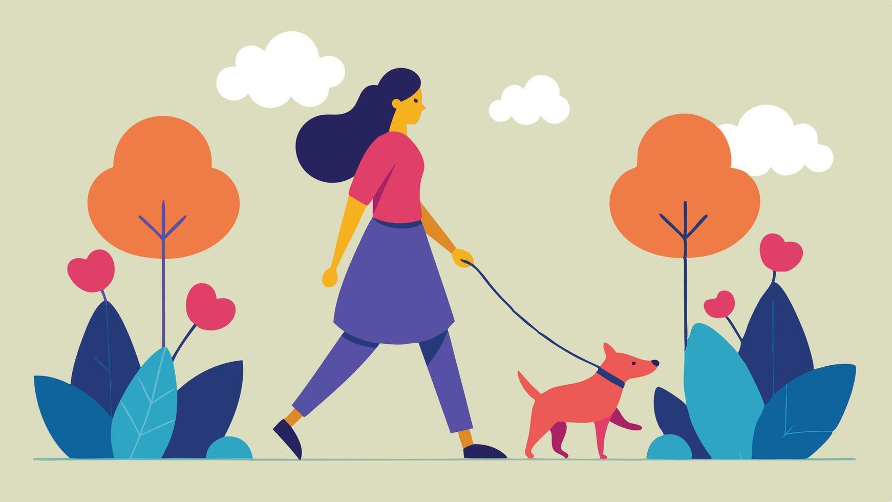 Woman Walking Dog in a Flower-Filled Park - Flat Illustration vector