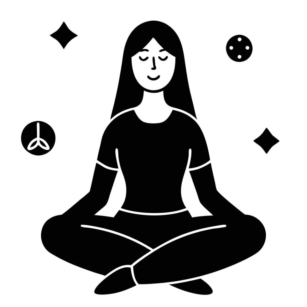 Woman Sitting Cross-Legged Meditating Surrounded by Blossoms - Flat Illustration vector
