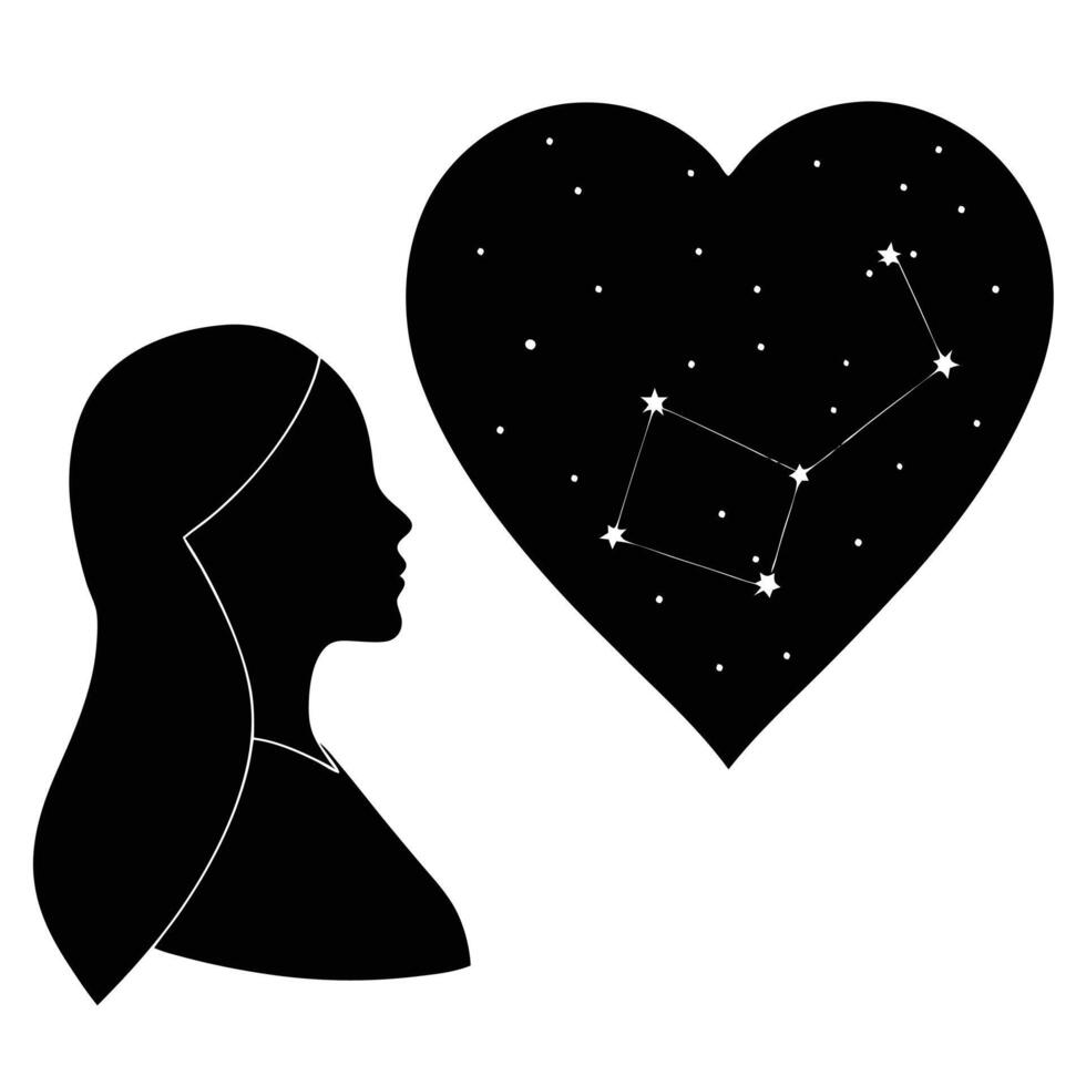 Woman Silhouette Looking Up at a Heart-Shaped Constellation - Flat Illustration vector