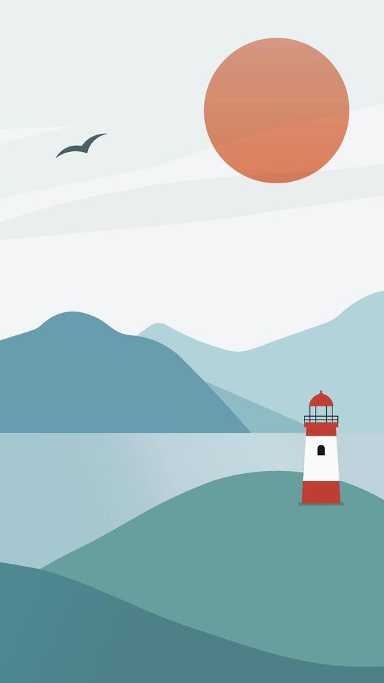 Minimalistic illustration of seascape with mountains and lighthouse with cope space vector