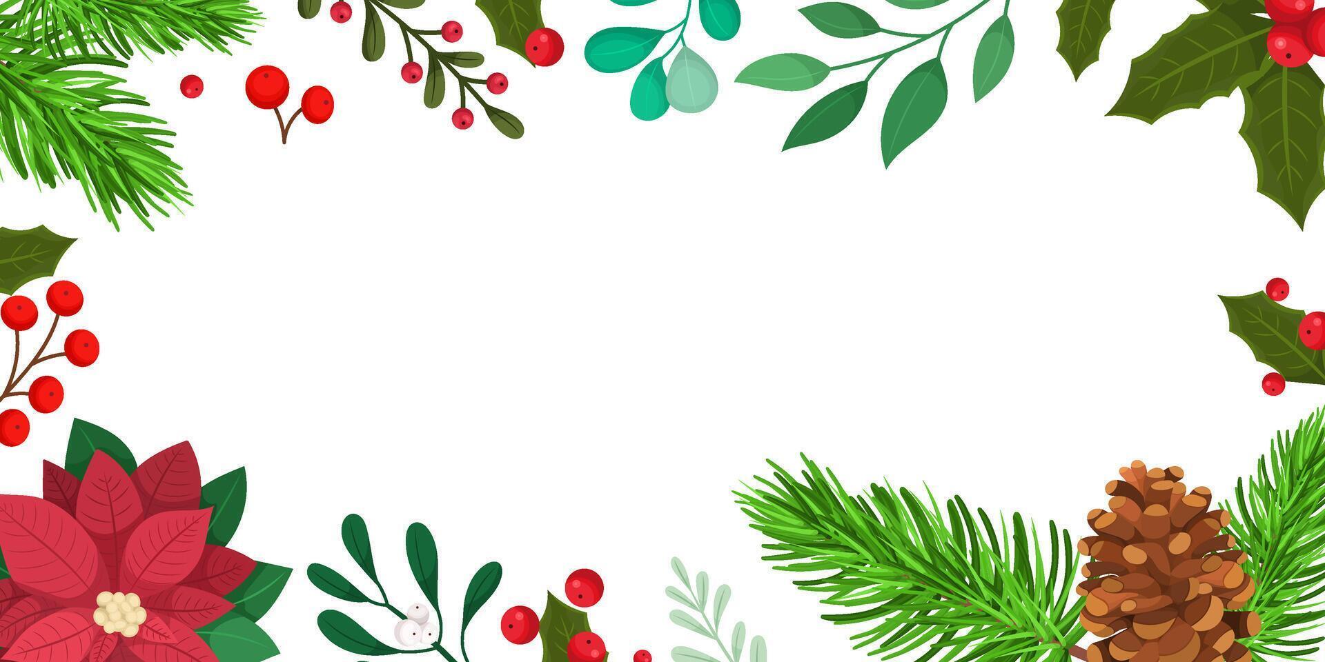 Banner or frame template with winter plants, pine cone, poinsettia flower and more. Empty space for text. illustration vector