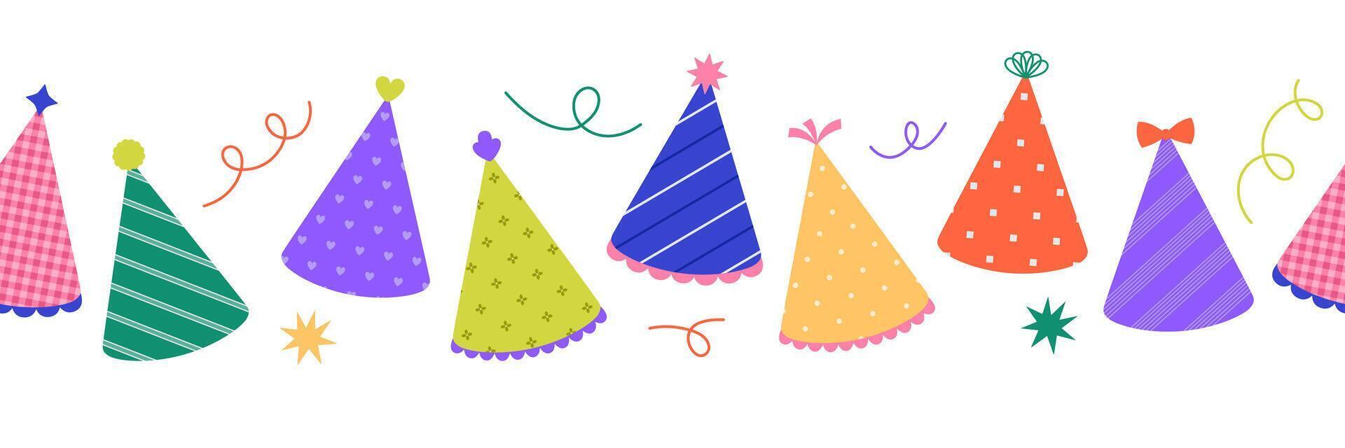Horizontal border made from colorful party hats with different patterns and pompons. Holiday cone caps. Birthday repeating template. Flat illustration for banner, packaging vector