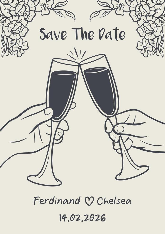 Elegant Reminder Card Hand drawn design with Flowers and Champagne vector