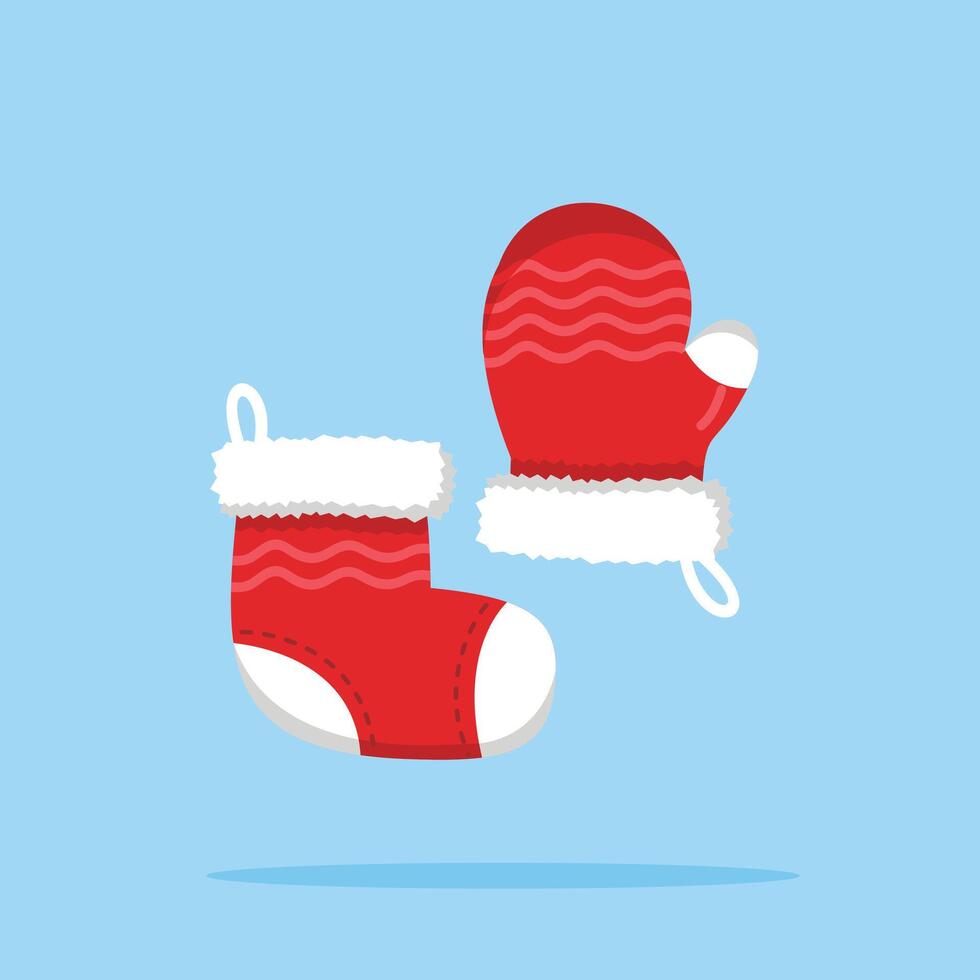 Red winter gloves and socks in flat style, christmas celebration decoration suitable for poster and web icon vector