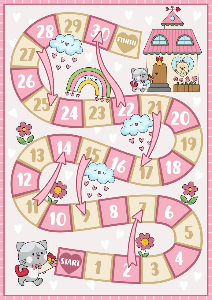 Saint Valentine board game for children with funny cat boy going to cat girl. Love holiday party boardgame with house, flowers, clouds, hearts. Cute printable roll a dice activity vector