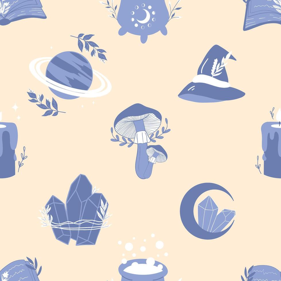 Seamless pattern with witchcraft elements. Mystical sorcery. Witch hat, moon, crystal, planet, magic book, candle, potion cauldron. Halloween design. Hand drawn illustration vector