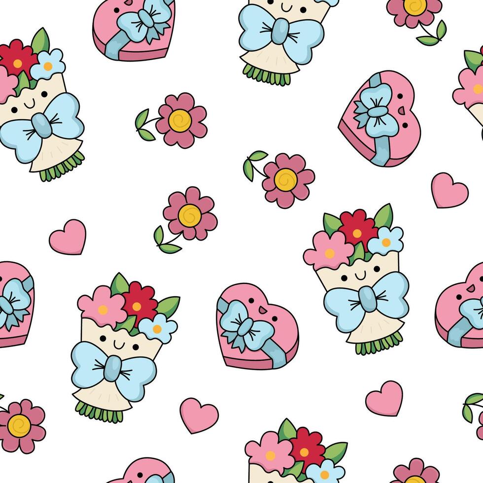 kawaii Saint Valentine seamless pattern for kids. Cute cartoon repeat background. Traditional love holiday symbols digital paper with flower bouquets, candy box, flowers, hearts vector