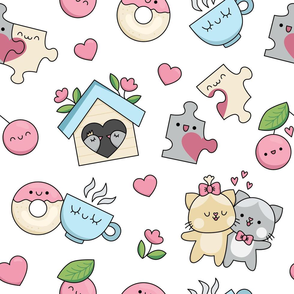 kawaii Saint Valentine seamless pattern for kids. Cute cartoon repeat background with perfect match concept. Traditional love holiday digital paper with puzzle pieces, birds, cats, hearts vector