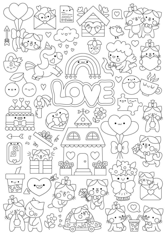 Saint Valentine vertical line coloring page for kids with cute kawaii characters. Black and white love holiday illustration with funny cupid, unicorn, cats, hearts, flowers. Funny searching poster vector