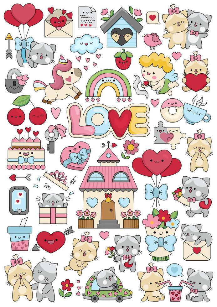 Saint Valentine vertical poster for kids with kawaii characters. Love holiday illustration with funny cupid, unicorn, cats, hearts, flowers. Funny searching page. Cute romantic elements set vector