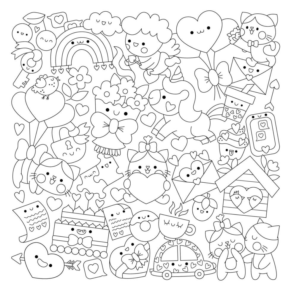 Saint Valentine square shaped line coloring page for kids with cute kawaii characters. Black and white love holiday illustration with funny cupid, unicorn, cats, hearts, flowers vector
