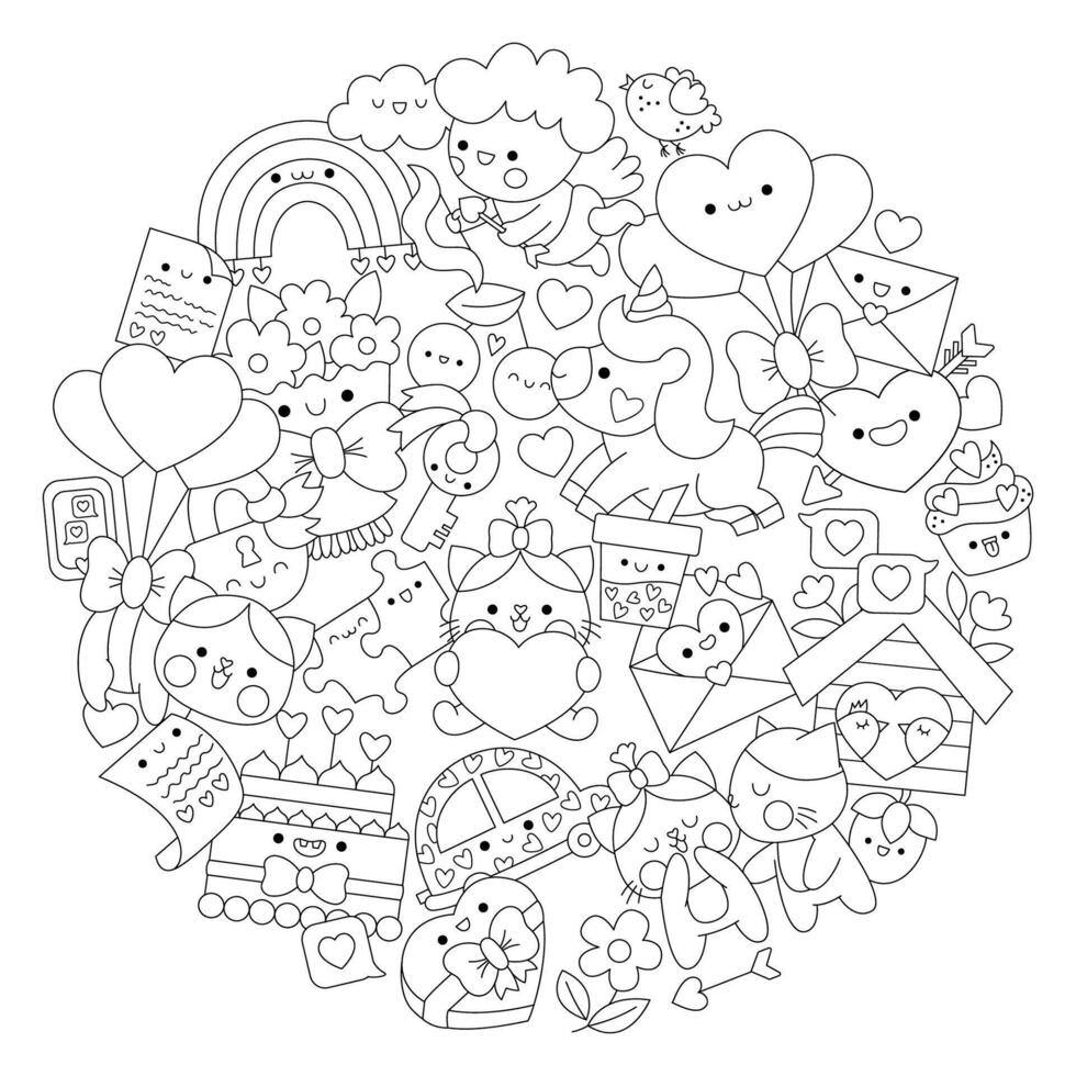 Saint Valentine round line coloring page for kids with cute kawaii characters. Black and white love holiday illustration with funny cupid, unicorn, cats, hearts, flowers framed in circle vector