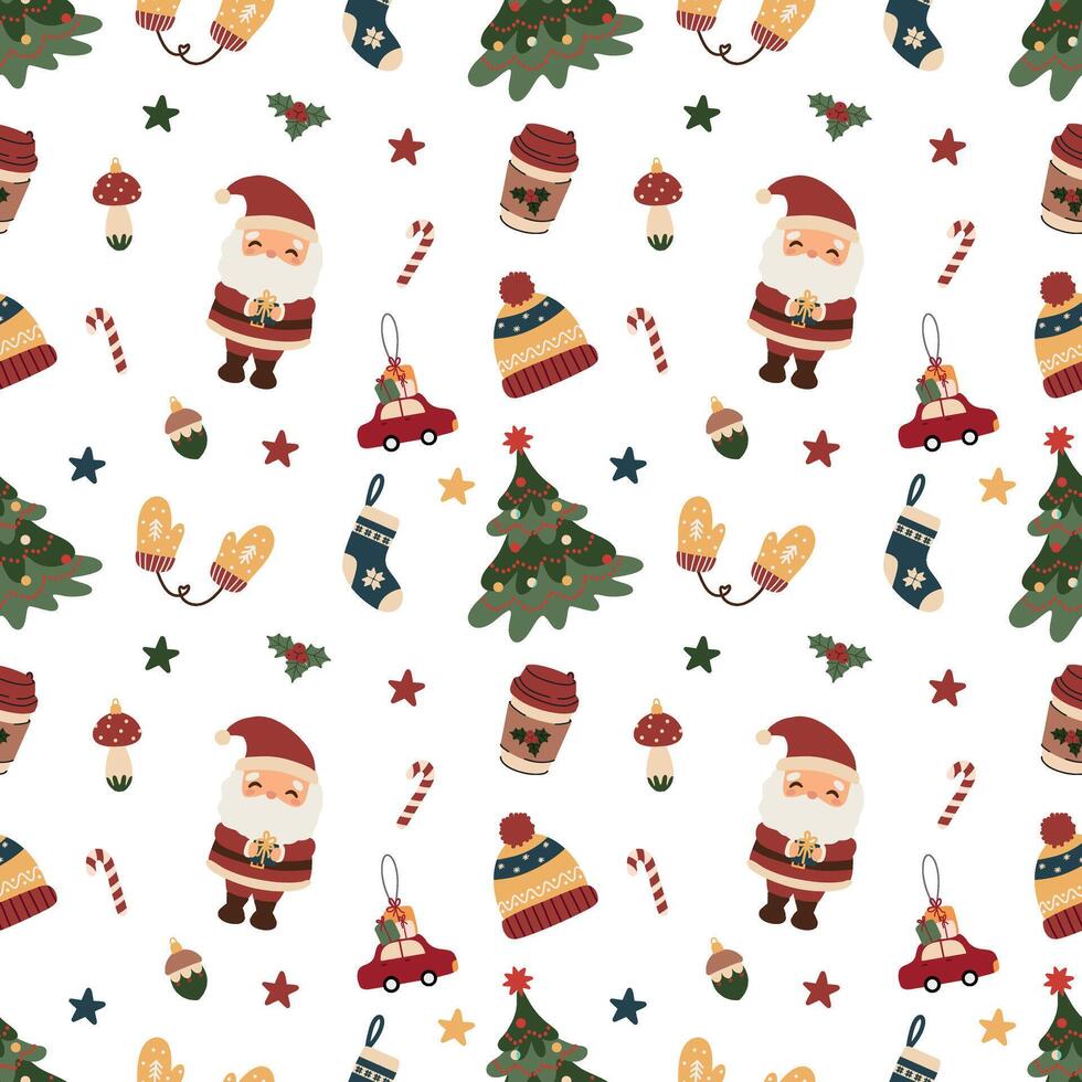Christmas pattern. Holiday background with Santa Claus, fir tree, cup, candy cane, hat, sock. Illustration in flat style vector