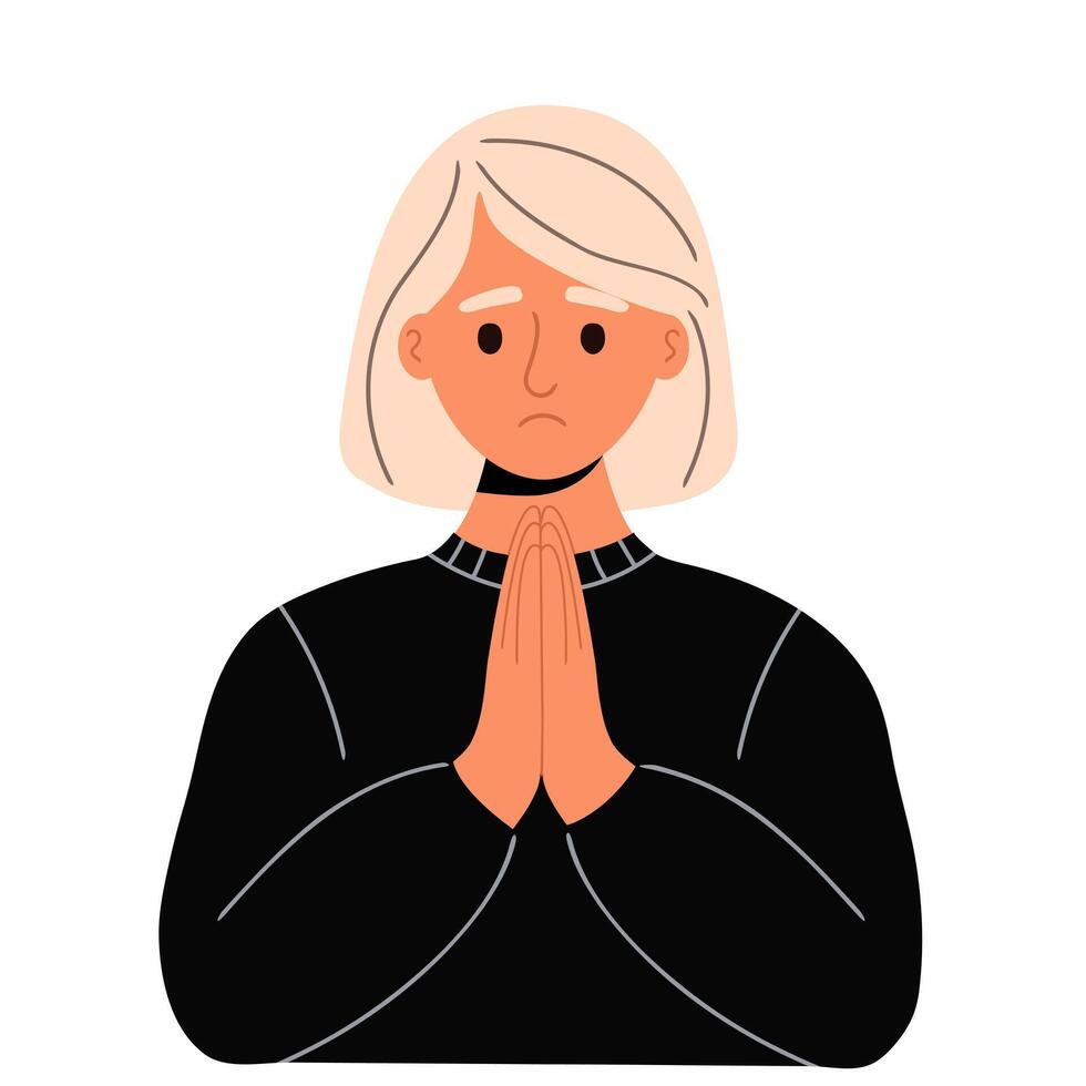 A young woman with blond hair prays with her hands folded in a gesture of apology vector