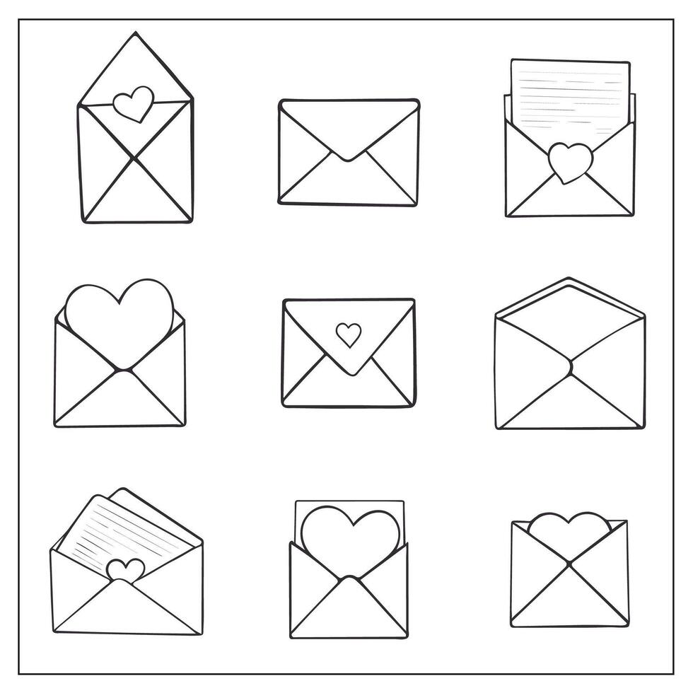 Set of love letters in envelopes. Doodle transparent icons of letter in cartoon style for Valentine's day, coloring pages, decoration. Long distance relationship and mailing concept. vector