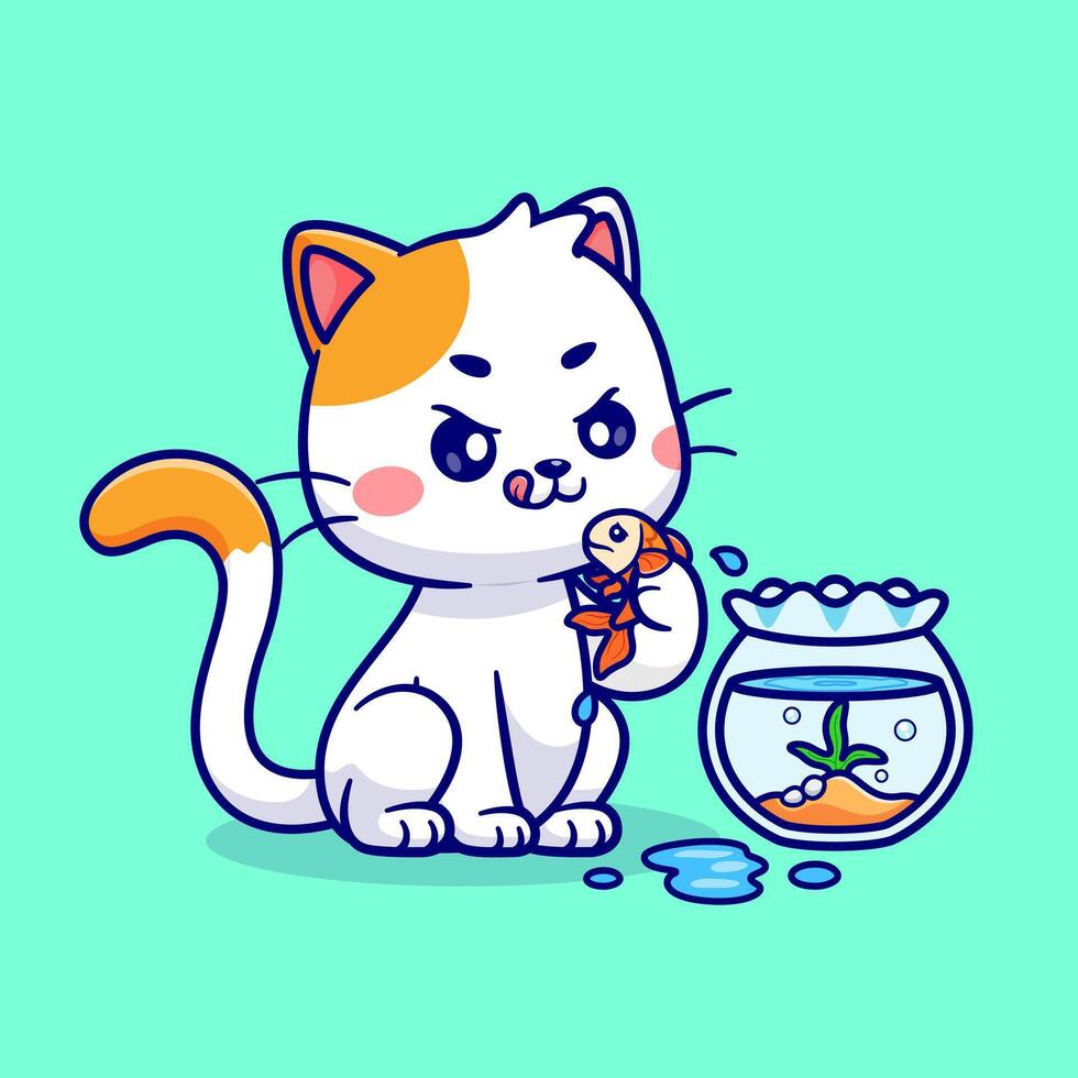 Cute Cat Catch Fish In Aquarium Cartoon vector
