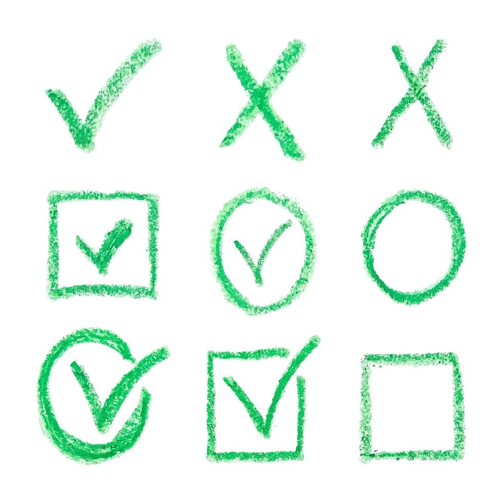 Set of Ticks, Crosses and Circles with Charcoal Pencil. Hand Drawn Chalk Checklist, Checkbox, Green Tick and Signs Circle, Square in Sketch Style. Doodle Elements Yes Green. Correct, Incorrect Symbols vector