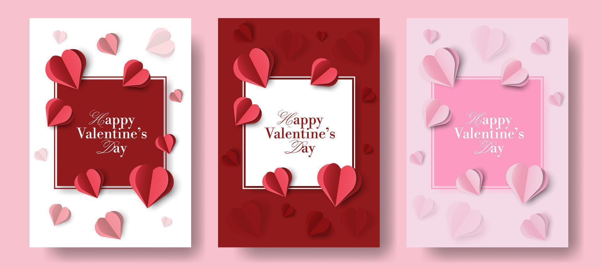 Set of Paper Cut Posters Happy Valentine's Day. Illustration. Fashionable Love Cards for Mother's Day, Womens Day. Cute Banners for Party, Menu, Invitation, Birthday, Sale, Social Media. vector