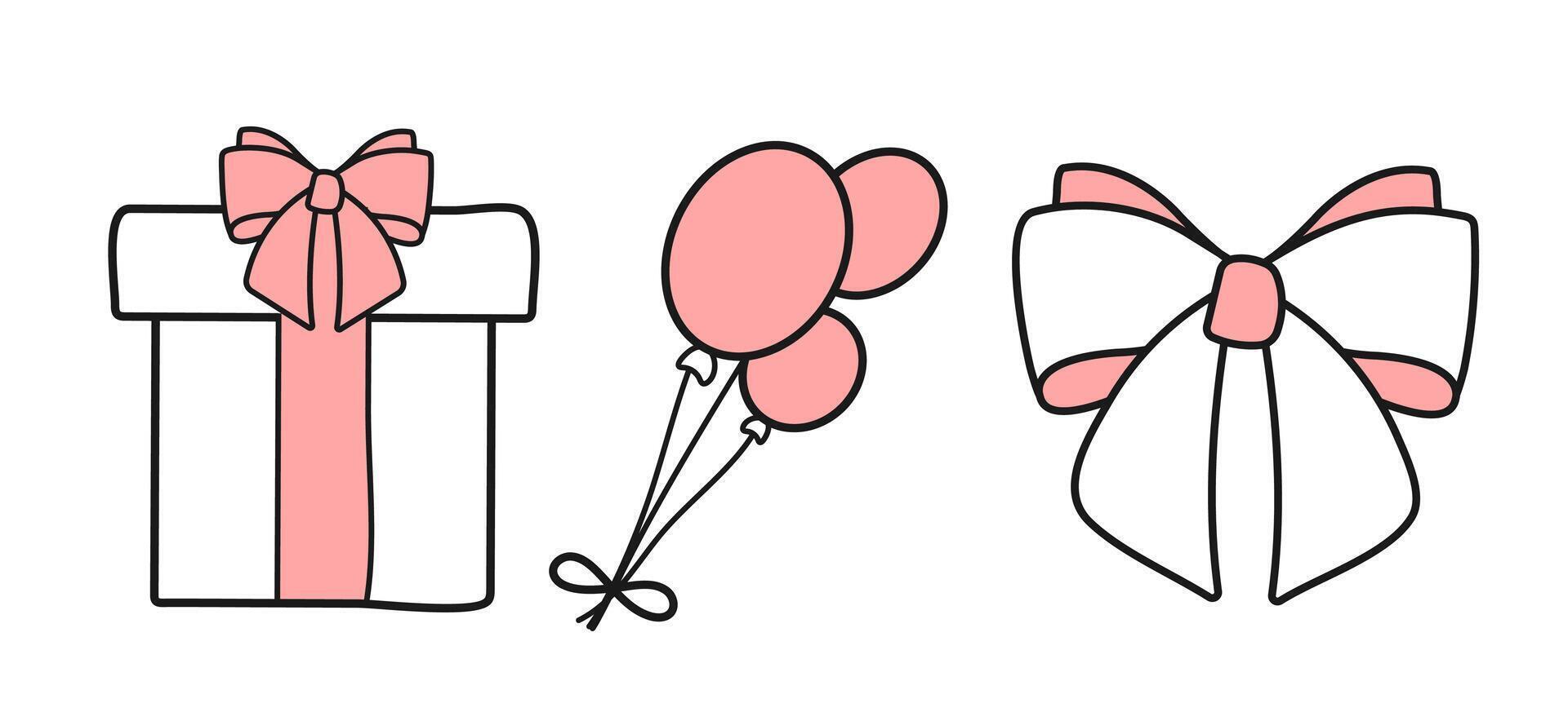 Line Art Birthday Stickers Collection On White Background. Illustration Gift Box, Balloons, Bow. Valentine's Day Holiday Doodle Icons. Baby Pink Party Elements for Cards, Banners, Poster, Web vector