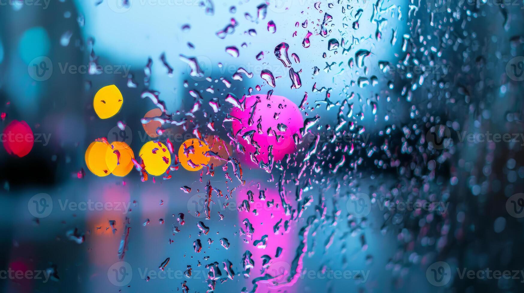 beautiful rainy scene with colorful bokeh lights in background photo
