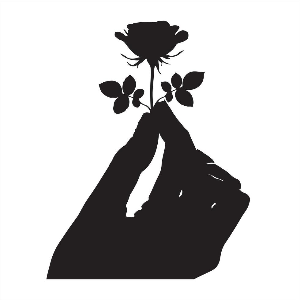 black-and-white illustration of a rose with leaves vector