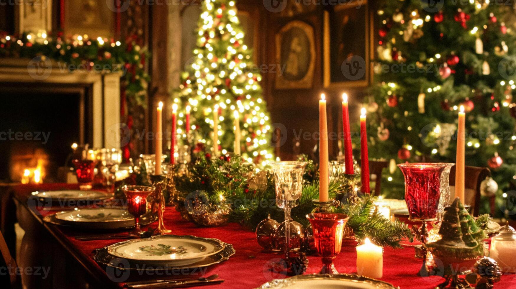 Christmas tablescape decoration, formal family dinner holiday celebration, luxury table setting decor, English country and home style photo