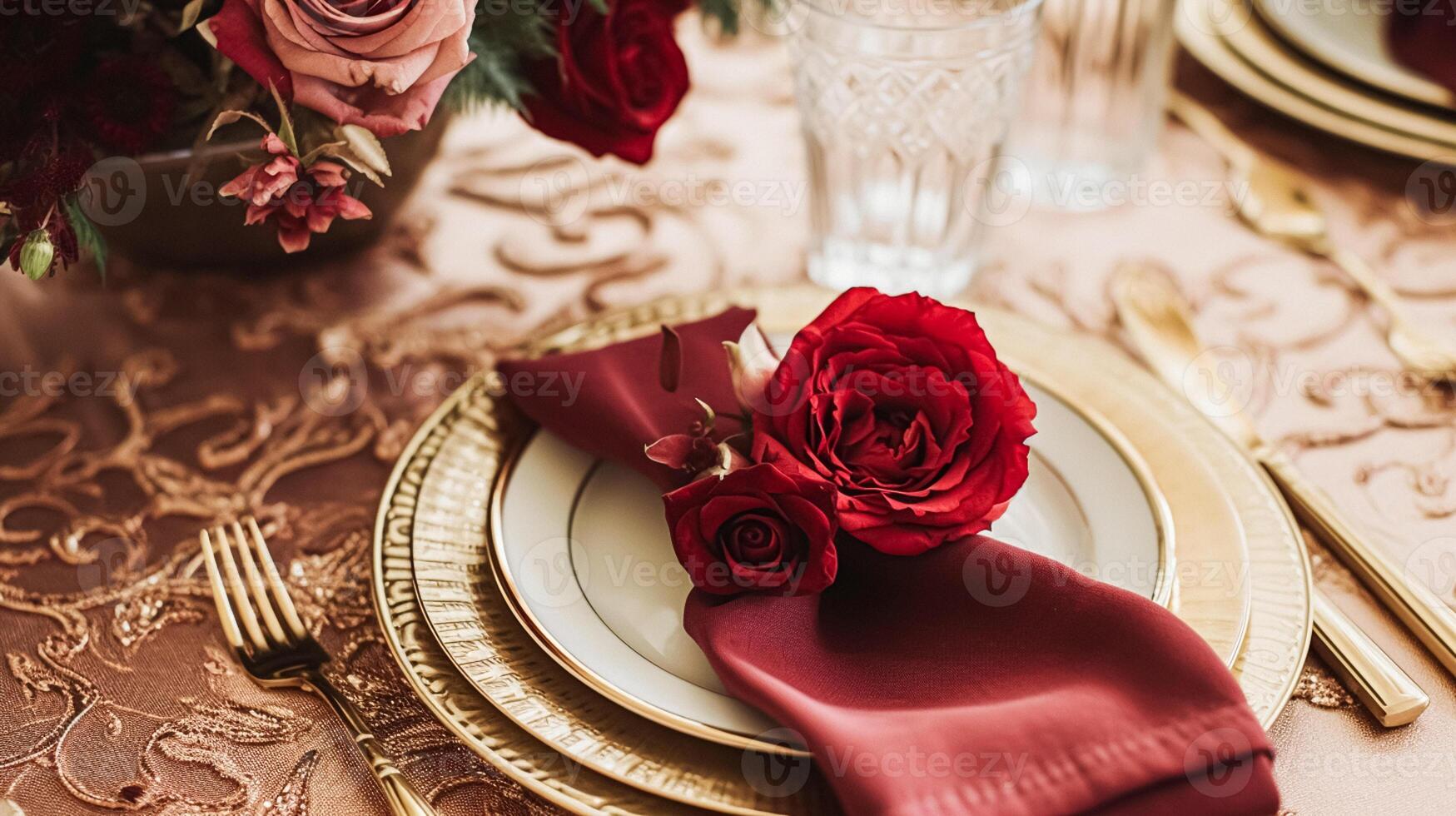 Wedding and event celebration tablescape with flowers, formal dinner table setting with roses and wine, elegant floral table decor for dinner party and holiday decoration, home styling photo