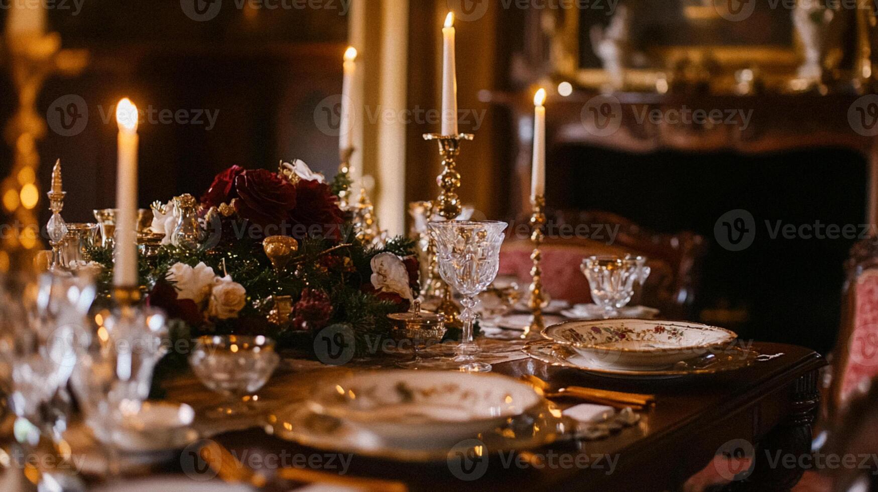 Christmas tablescape decoration, formal family dinner holiday celebration, luxury table setting decor, English country and home style photo