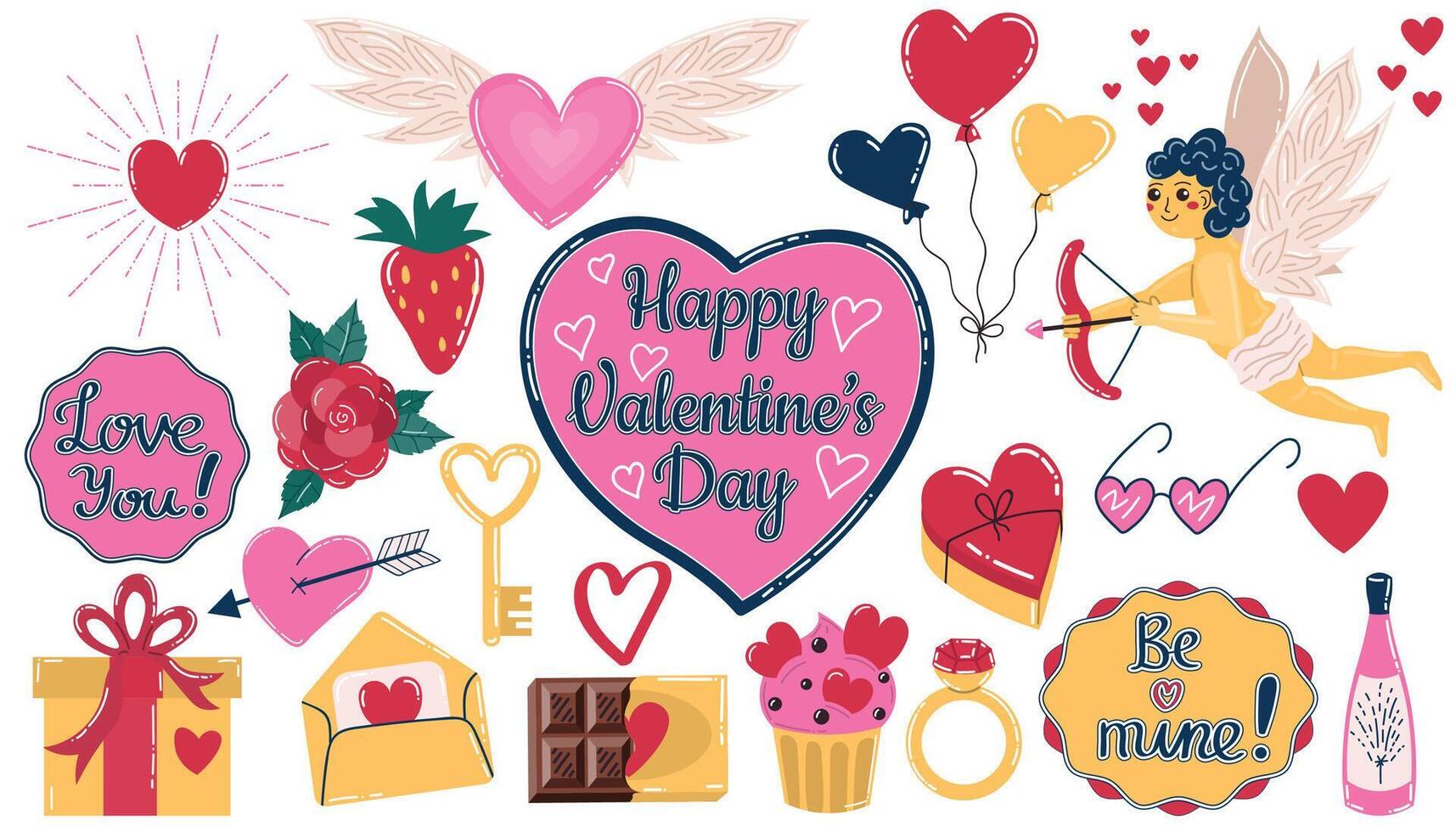 Cute cartoon Happy Valentine's Day design elements collection in flat style. Set of symbols of holiday and love. vector