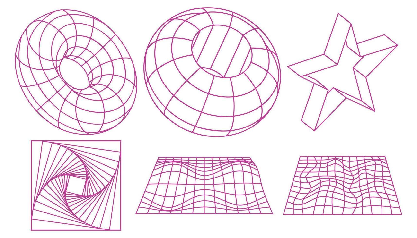 Geometric wireframe shapes and grids collection. Retro abstract neon elements in cyberpunk style. vector