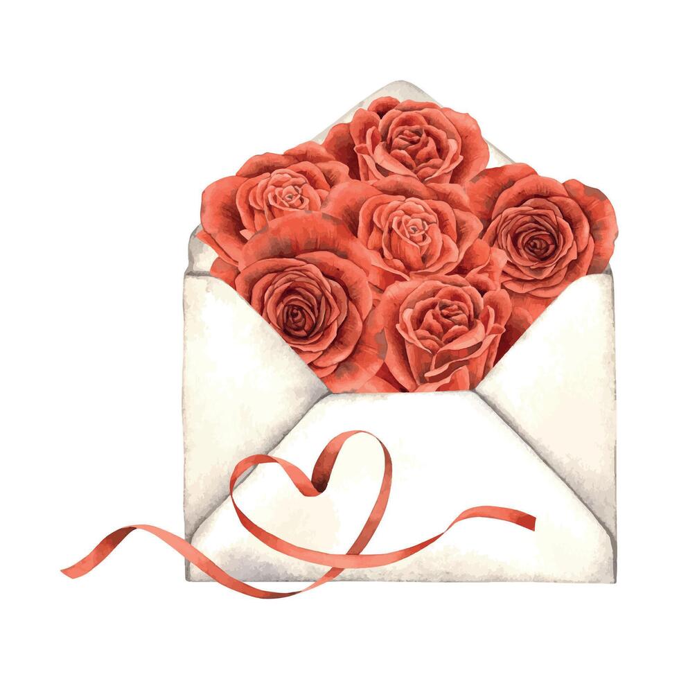 A bouquet of red roses in a paper envelope with a satin ribbon in the shape of a heart. Watercolor illustration is suitable for decorating flower shops, wedding design, Valentine's Day, postcards. vector
