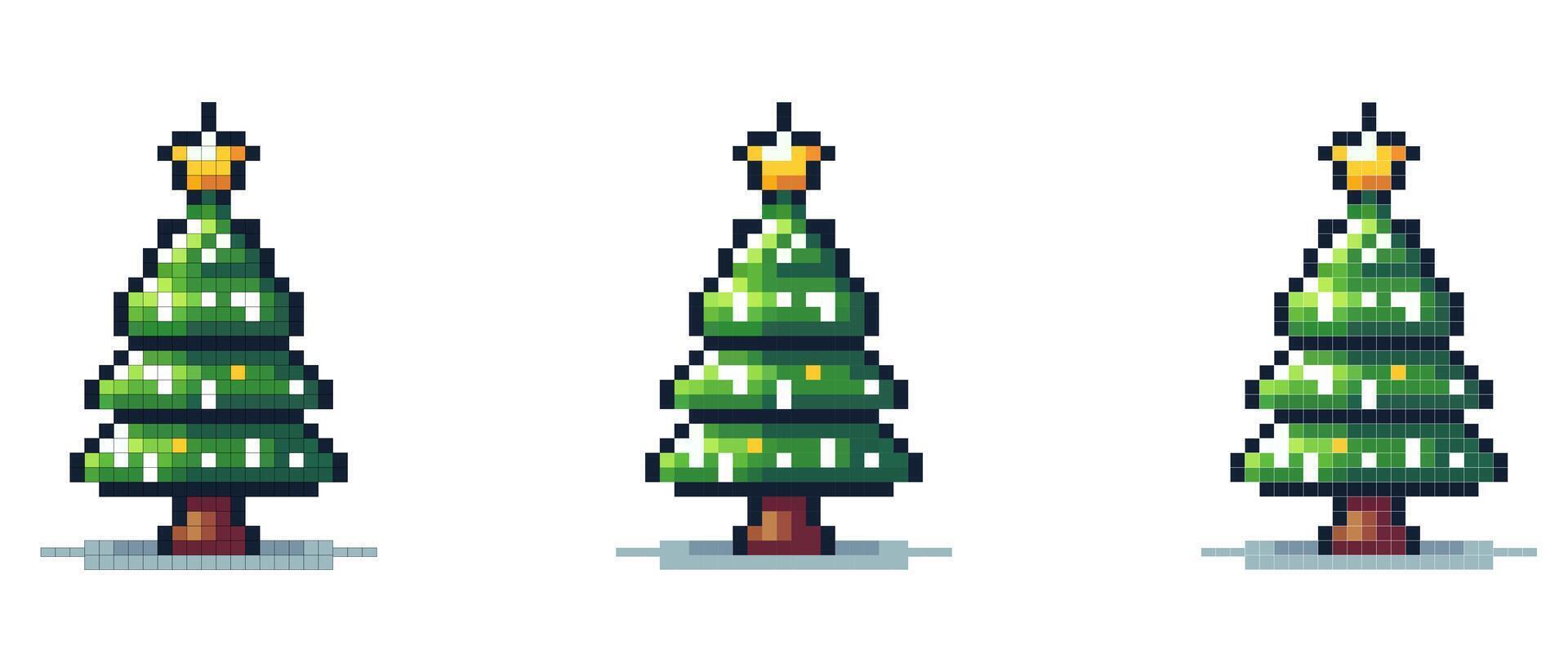 A pixel art Christmas tree with a star on top and snow on its branches. Retro and nostalgic style. vector