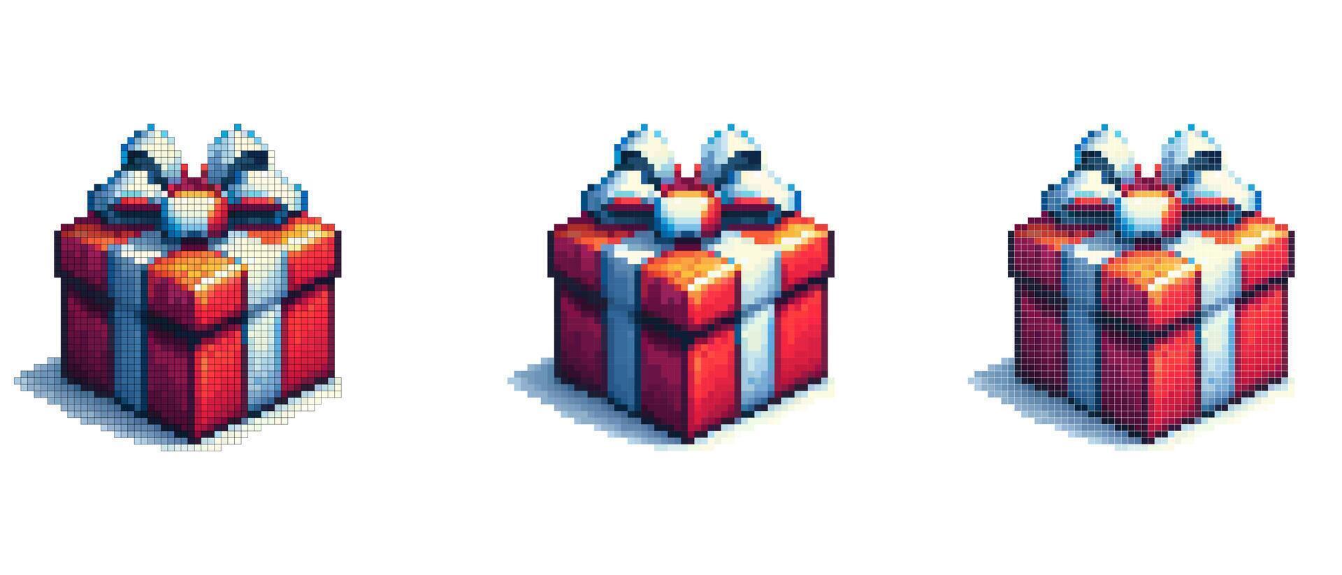 Pixel art gift box with red wrapping white ribbon and bow creating a festive and visually appealing design. vector