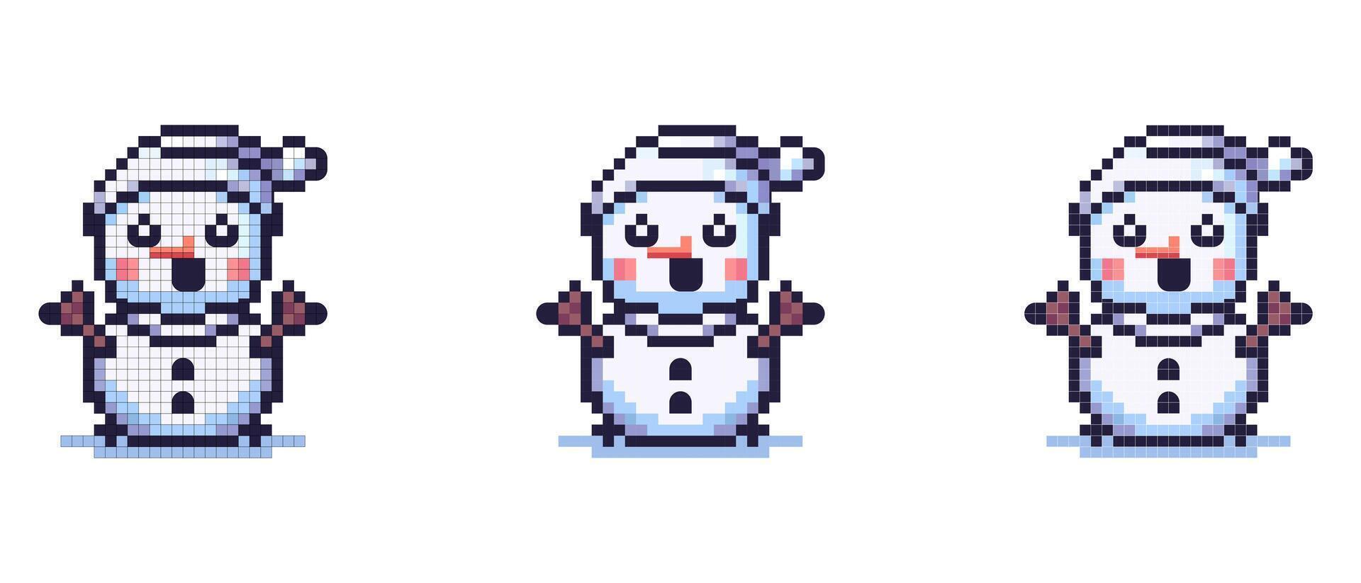 Pixel art snowman with a hat and stick arms standing on snow. vector