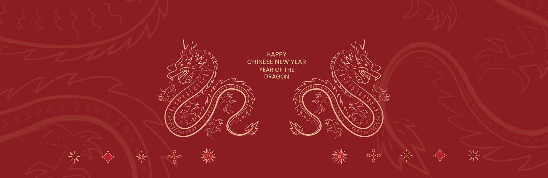 Chinese new year, year of the dragon banner template design with dragons, Gold line for background lunar new year isolated in red vector