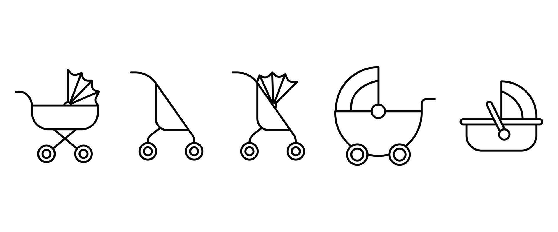 Baby stroller icon set. Liner baby carriage . Baby pram. Set of isolated stroller icon. Children and baby carriage icon collection on white background. vector