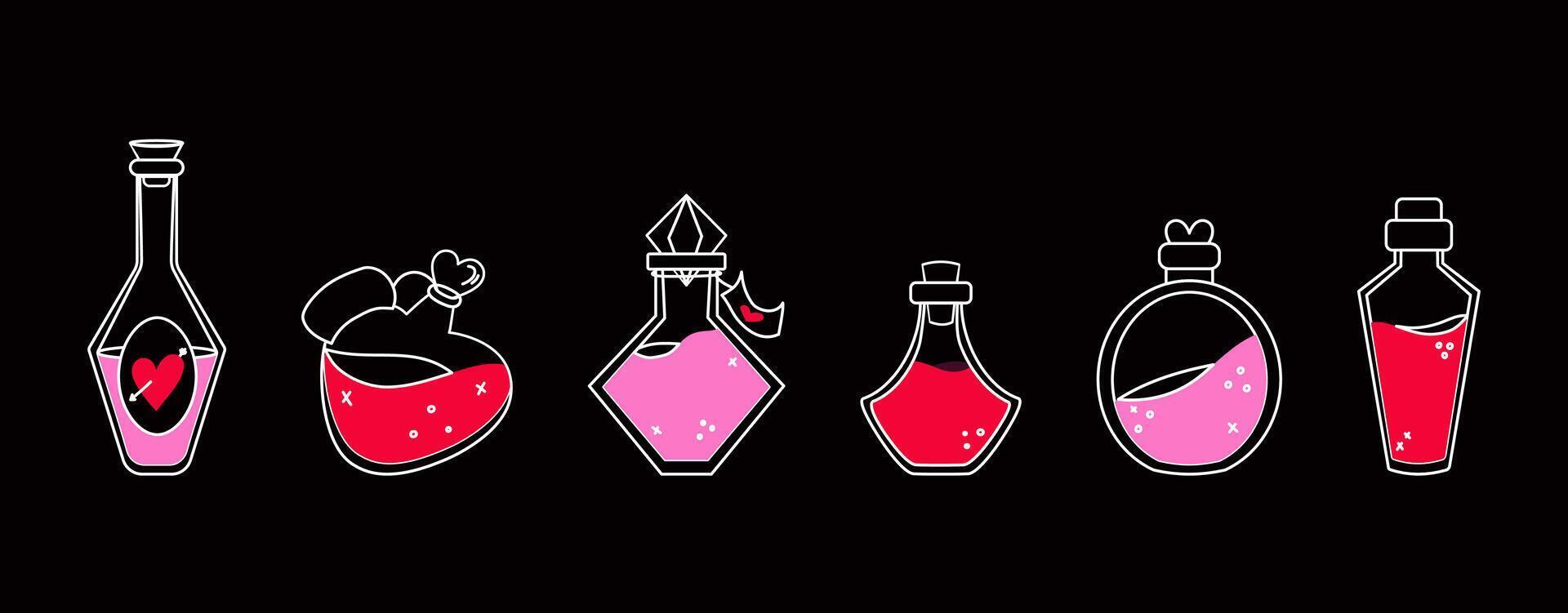 A set of different potion bottles. Magic and alchemy. A love potion. vector