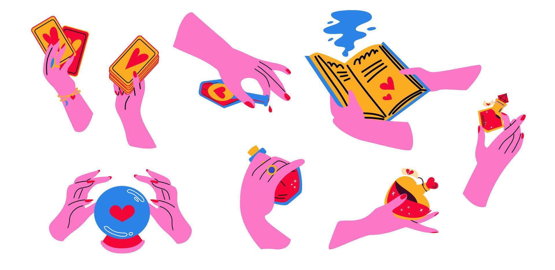 Witch and magical attributes. Hands holding bottles of potion, an open book, tarot cards. vector